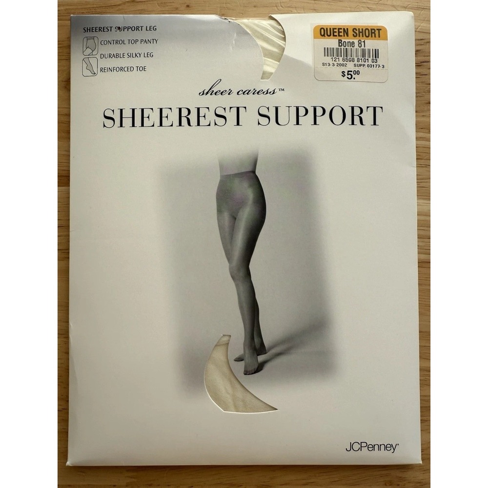 JC Penny Sheer Caress Sheerest Support Control Top Queen Pantyhose Short Bone 81